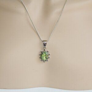Sterling Silver 24k Gold Foil & Green Fiery Opal Venetian Glass Pendant Necklace